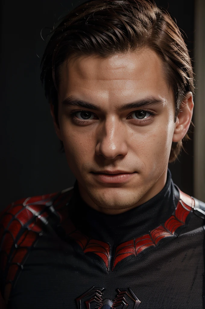 A photograph of spider man, no mask, 20 yo, handsome, detailed face, looking at camera, portrait, 8k uhd, high quality