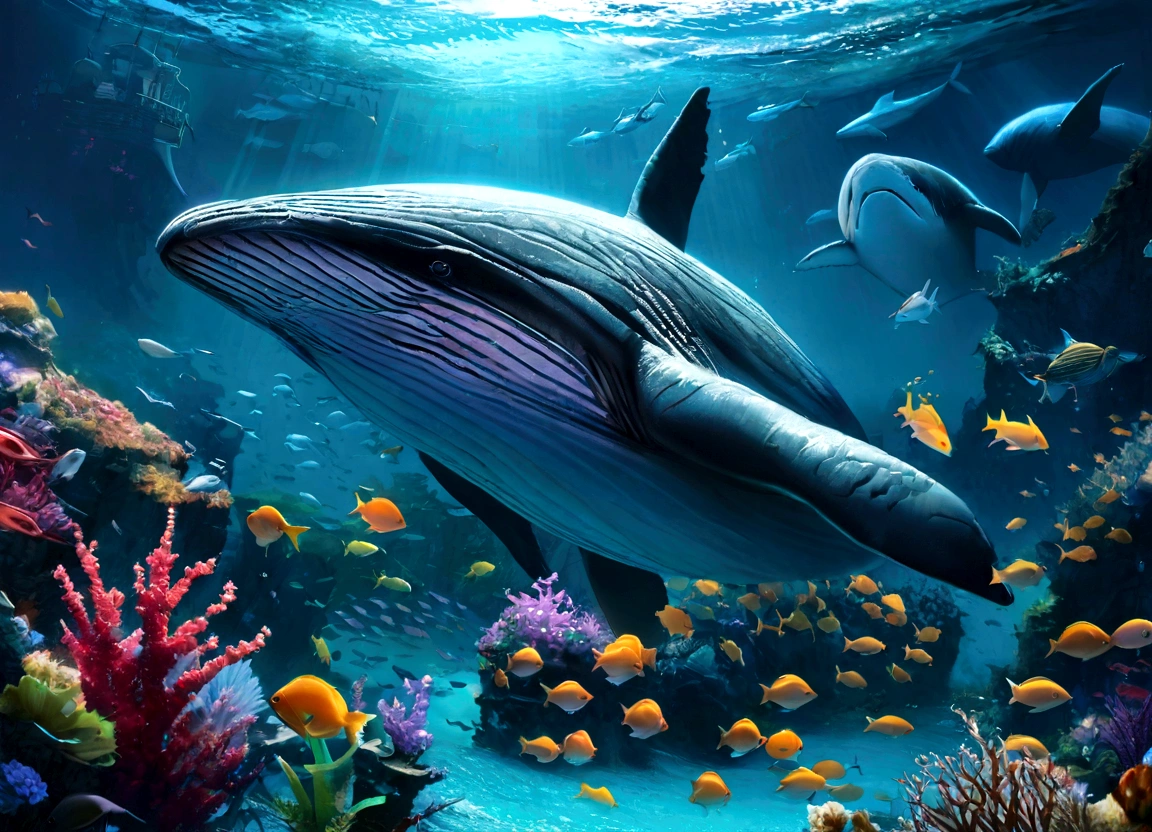 Ocean,fish,mystery,Whale,小fish,moonlight,Fantasy,Genuine,detailed,color,reality,High resolution,超detailed,Intricate details