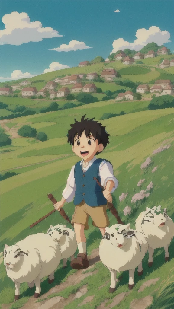 Little boy with open mouth,Pretend to be scared,Pointing down the mountain,shout loudly。The villagers at the foot of the mountain stopped their work.,Show a surprised expression, studio ghibli key visual, ghibli animated film, studio ghibli art style, studio ghibli artstyle, ghibli artstyle, in the studio ghibli anime film, official art, studio ghibli anime, ghibli art style, ghibli film, studio ghibli and shinkai makoto, style in ghibli anime style