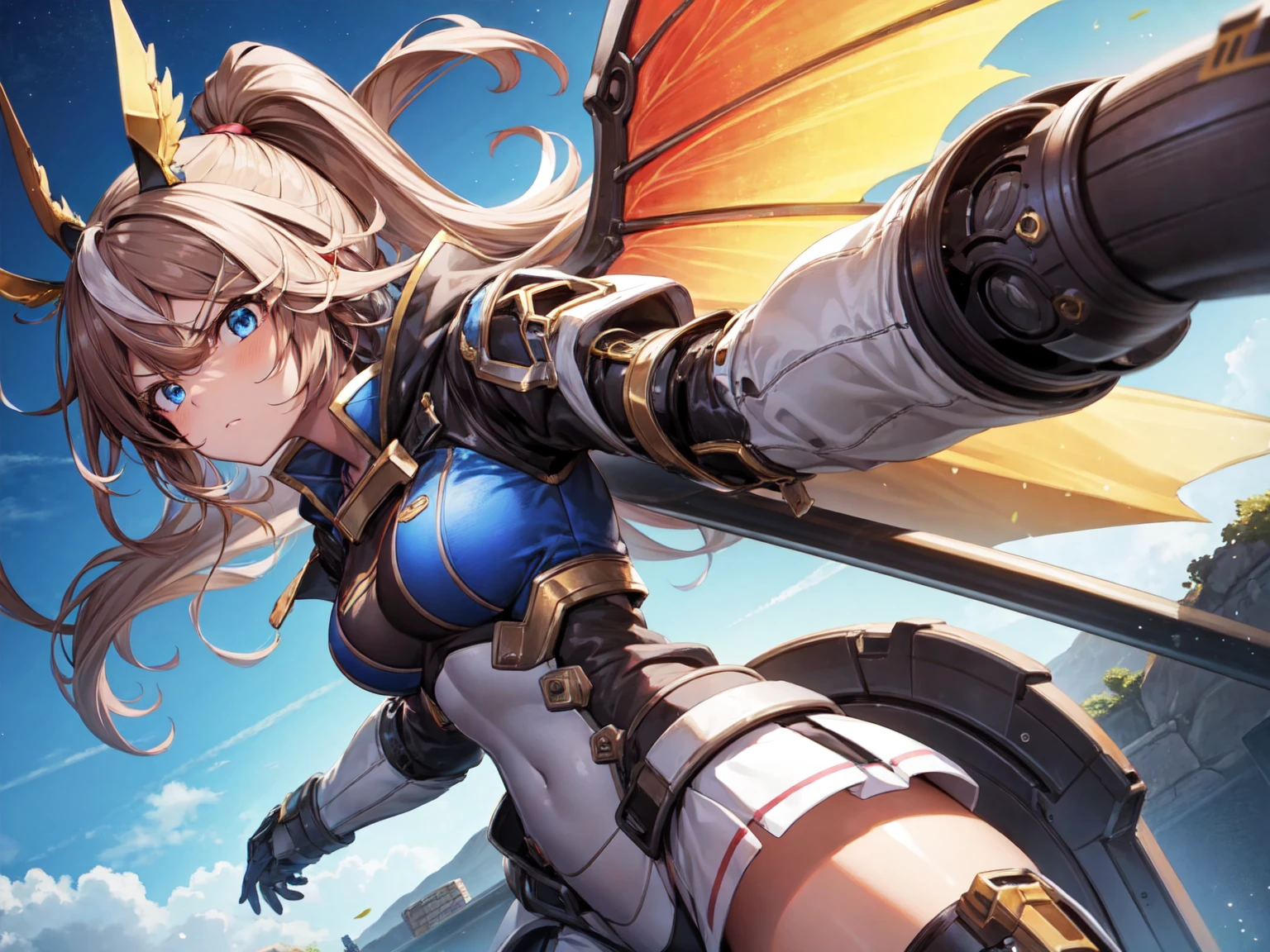 1girl, Tokai Teio, big breast, mecha musume, mechanical wing, serious face,