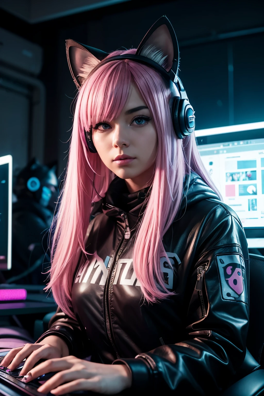 Mysterious realistic masterpiece Gamer girl with pink and blue hair at computer, headset on the head with cyberpunk cat ears, fully clothed, dark room lights only from computer and monitors, cats sitting on the keyboard, surrounded by many cats in the background and foreground, dynamic angle