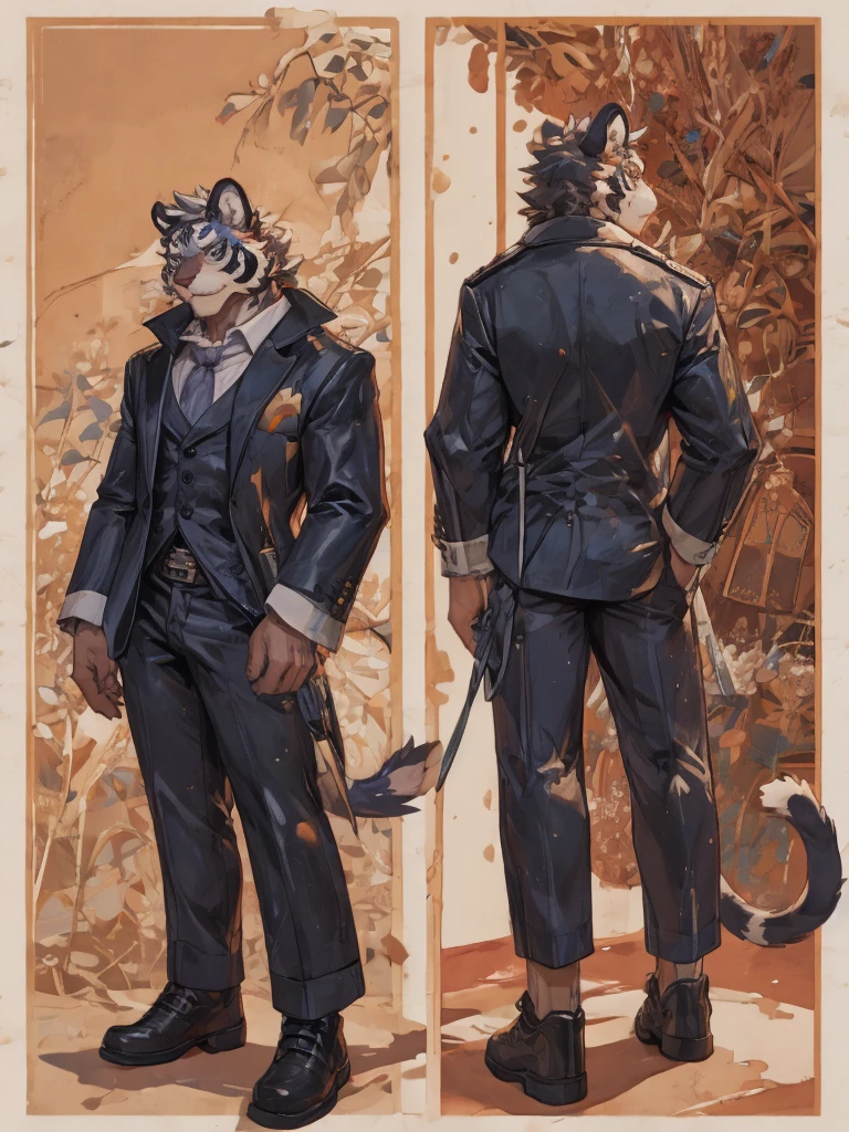{{bara extremely handsome white tiger,}} {{white fur,}} white, wearing elegant ornate suit jacket, trousers, white dress shirt and necktie, white fluffy furry body and limbs, loafers, very tall, very broad shoulders, narrow waist, muscular arms, massive pecs, purple eyes, very long legs, massive bulge, sophisticated hot look, full body, 3/4 view, best quality, high quality, silver earring on left ear, sultry smirk, multiple views, character sheet
