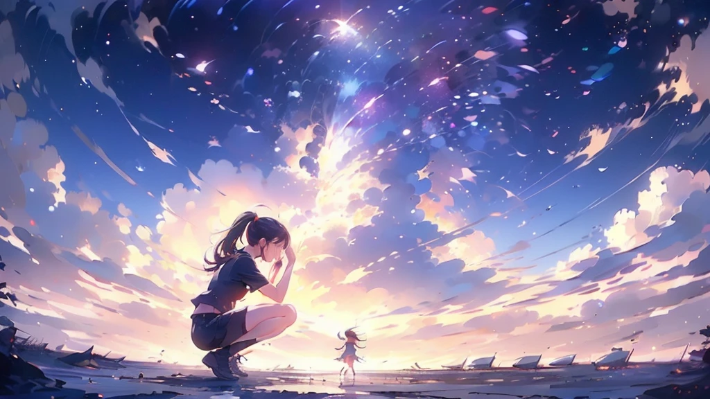 ((A girl squatting in the middle))、((The girl wipes away her tears))、The background is fantastical and dark