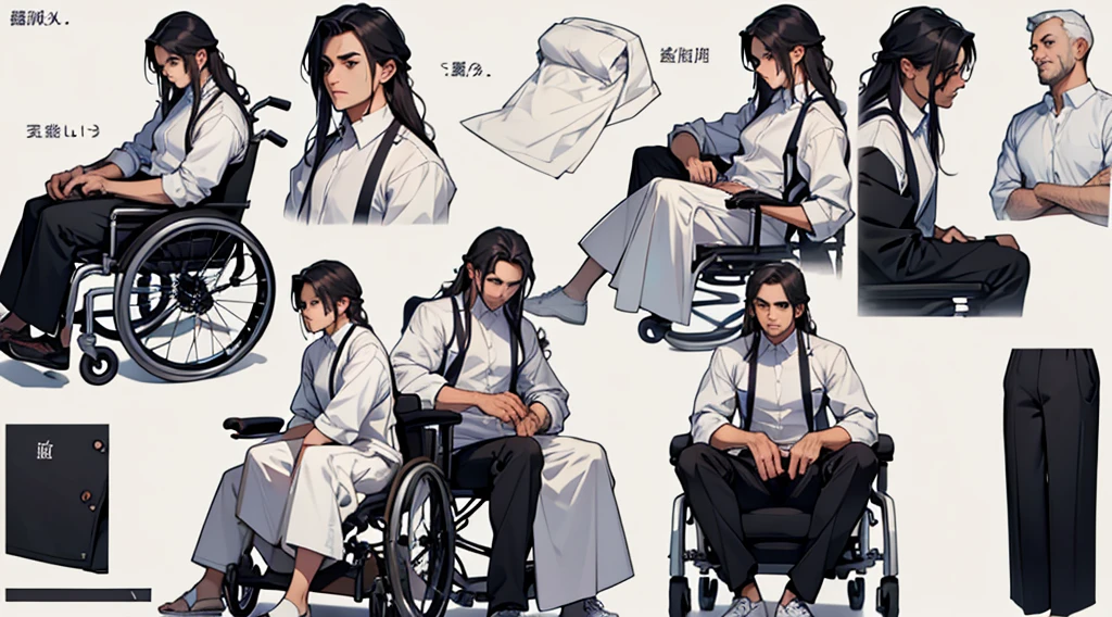 Character design sheet、boy、White shirt、Long hair to the shoulders、Sitting in a wheelchair