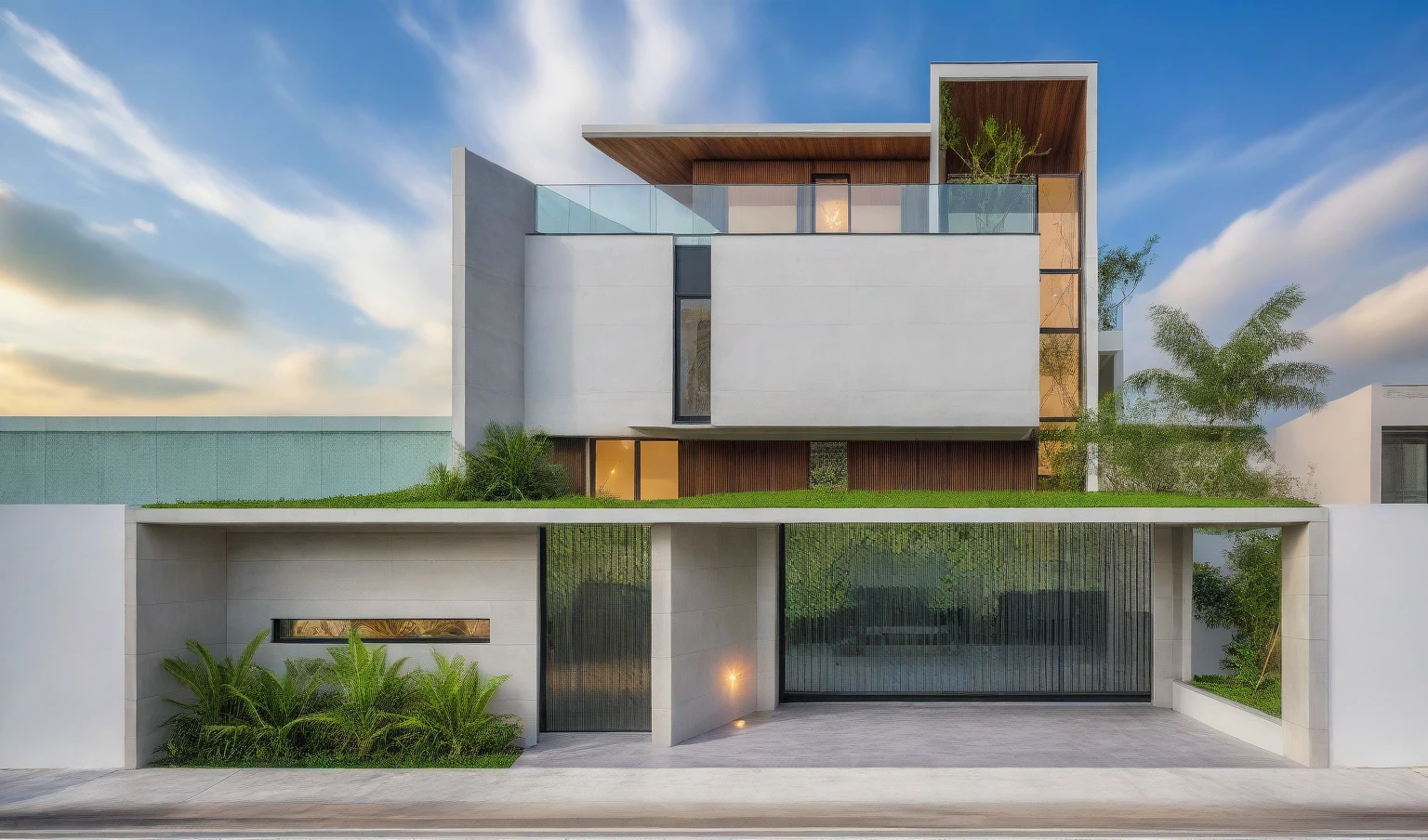 exterior house, contemporary style, white wall, wood wall, steel door, glass window, (realistic:1.2), Masterpiece, high quality, best quality, authentic, super detail, outdoors,road, trees, sky, cloud, (daylight:1.1), modern luxury villa, coconut trees, landscape, along the white beach, clear sky, day time, warm lighting RAW Photo, RAW texture, Super Realistic, 32K UHD, DSLR, soft lighting, high quality, film rating, Fujifilm XT3,Modern, Residential Architecture, car in front of house