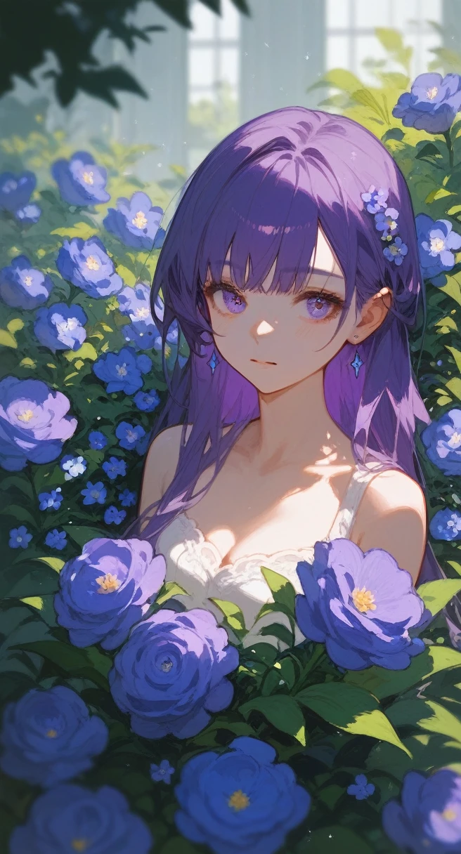 1girl, pretty face, purple hair, flowers, vague