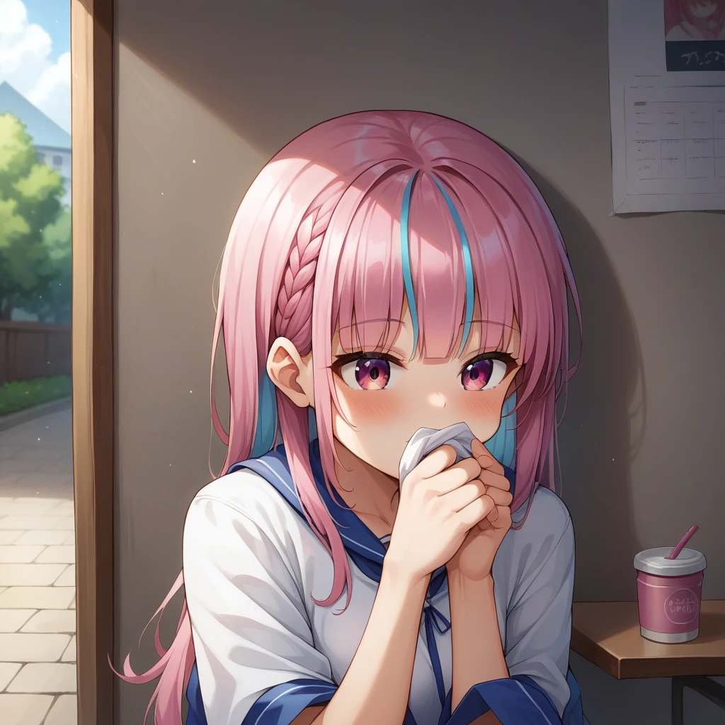 score_9, score_8_wonderful, anime, NSFW Hololive,Minato Akua, Pink hair, smelling one's own armpits, smelly armpits, huge butt, easy-to-give-birth body type, armpit hair, locker room, disgusted face, crying face, panties aside, pussy, pussy juice, 1boy kiss, vaginal penis, fat man, creampie, blindfold