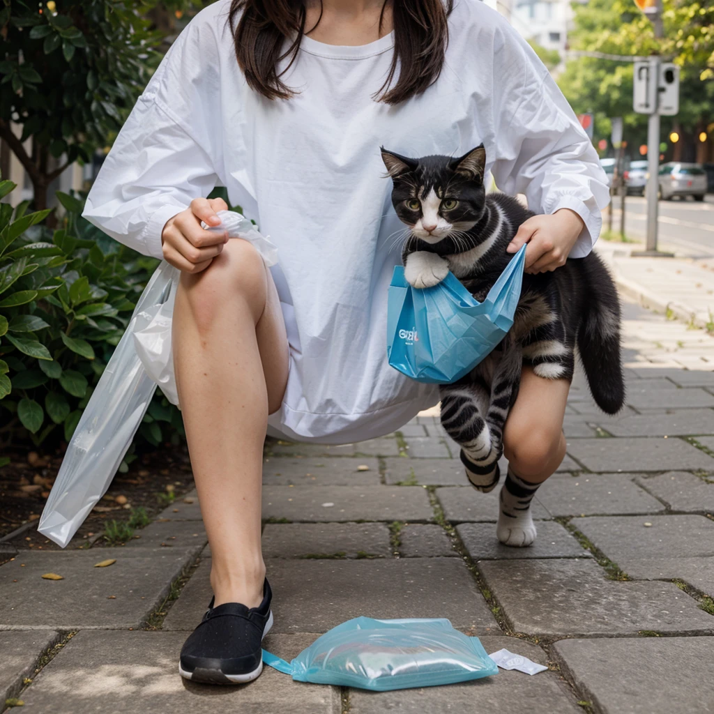 A kitten ran with a small plastic bag