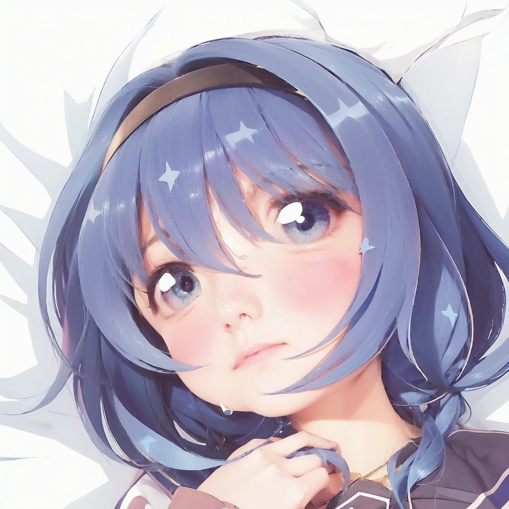 anime girl with blue hair and stars on her head, anime moe artstyle, cute anime face, , anime visual of a cute girl, , flat anime style shading, extremely cute anime girl face, zerochan art, (anime girl), [[[[grinning evily]]]], anime style portrait, cute anime girl