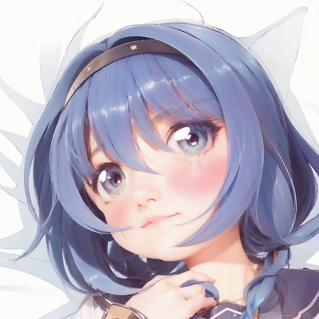 anime girl with blue hair and stars on her head, anime moe artstyle, cute anime face, , anime visual of a cute girl, , flat anime style shading, extremely cute anime girl face, zerochan art, (anime girl), [[[[grinning evily]]]], anime style portrait, cute anime girl
