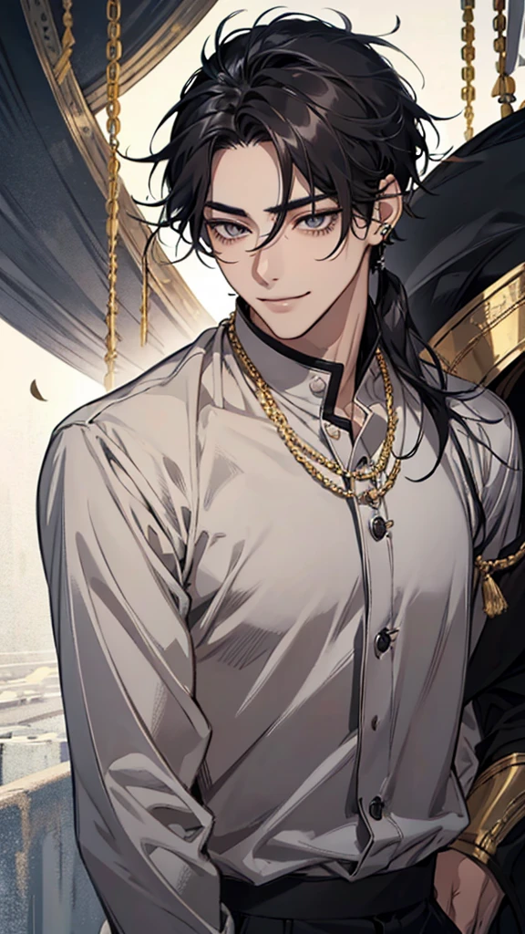 Asian face, young man, black wavy hair, thin eyebrows, slanted eyes, single eyelid, grey eyes, cat eyes, short eyelashes, masculine face, silver and gold shirt, lip piercing, silver chain necklace, upper body, smiling
