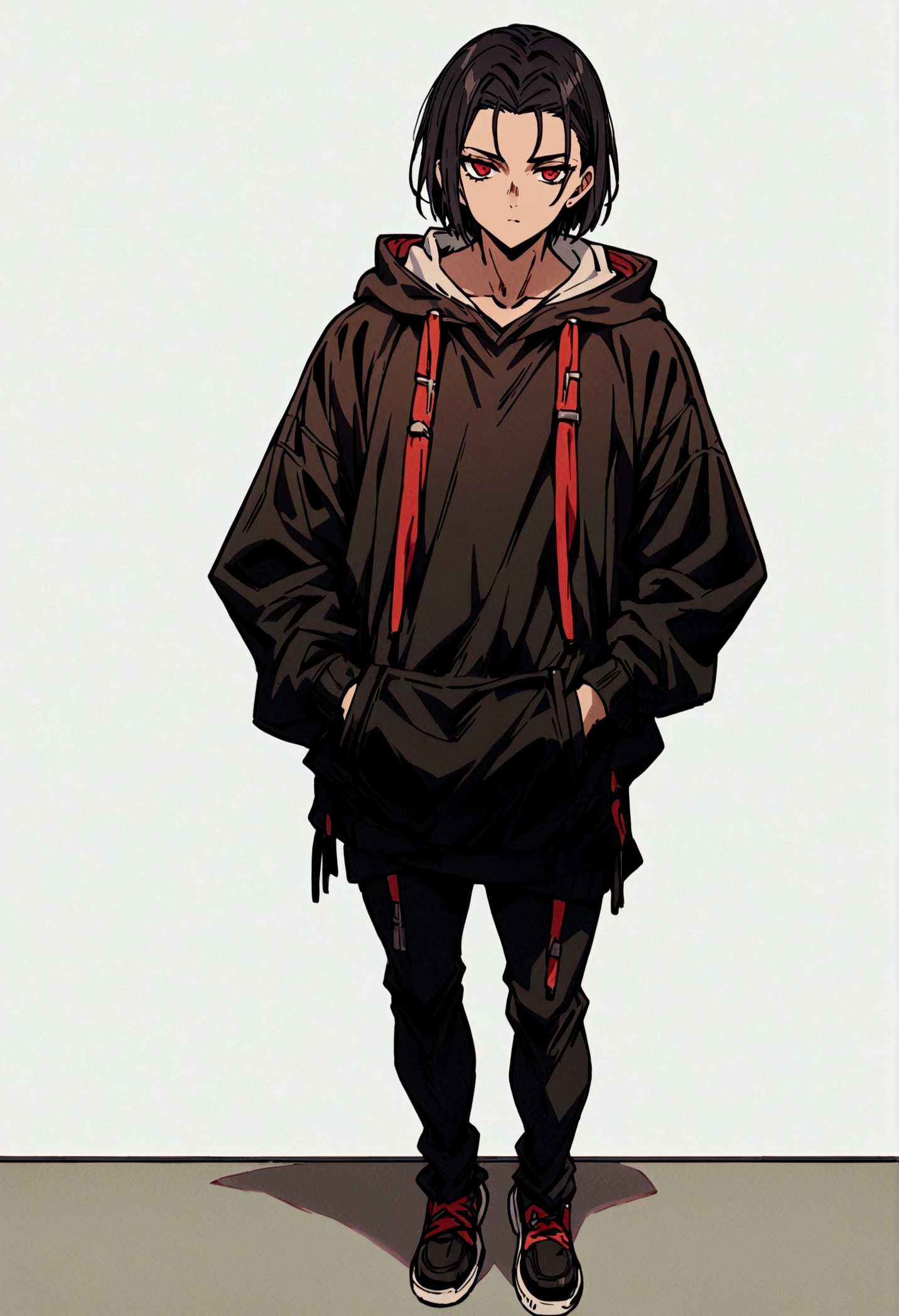 fullbody,masterpiece,standing,black hoodie,black black short hair,red eyes,adult,1boy,solo,white background,standing straight,fullbody,parted bangs