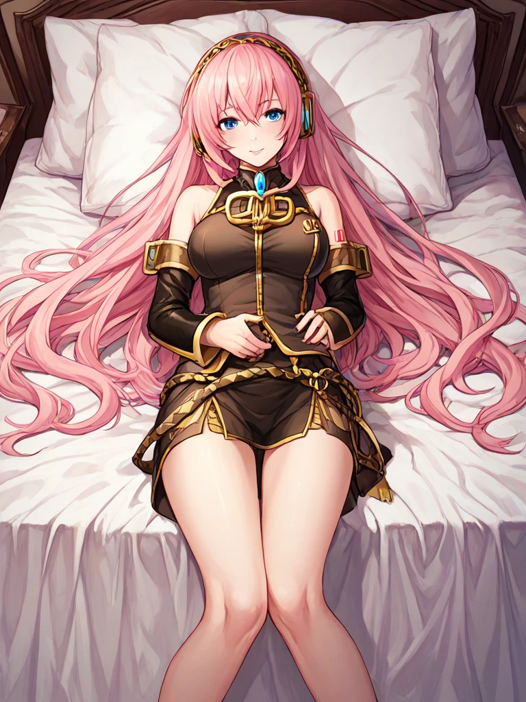 1 girl(cool, luka megurine, pink hair, long hair, straight hair, black headphone, sleeveless black long suit, side slit black long skirt, black long socks, barefoot, smile), Lying on your back, Lie down