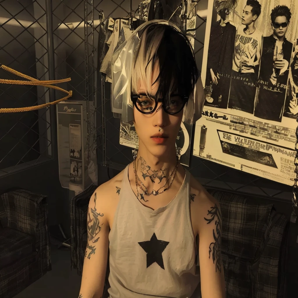 there is a men with an angel tattoo on her arm, eyeglasses punk guy, realistic