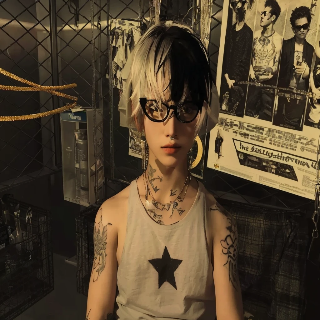 there is a men with an angel tattoo on her arm, eyeglasses punk guy, realistic