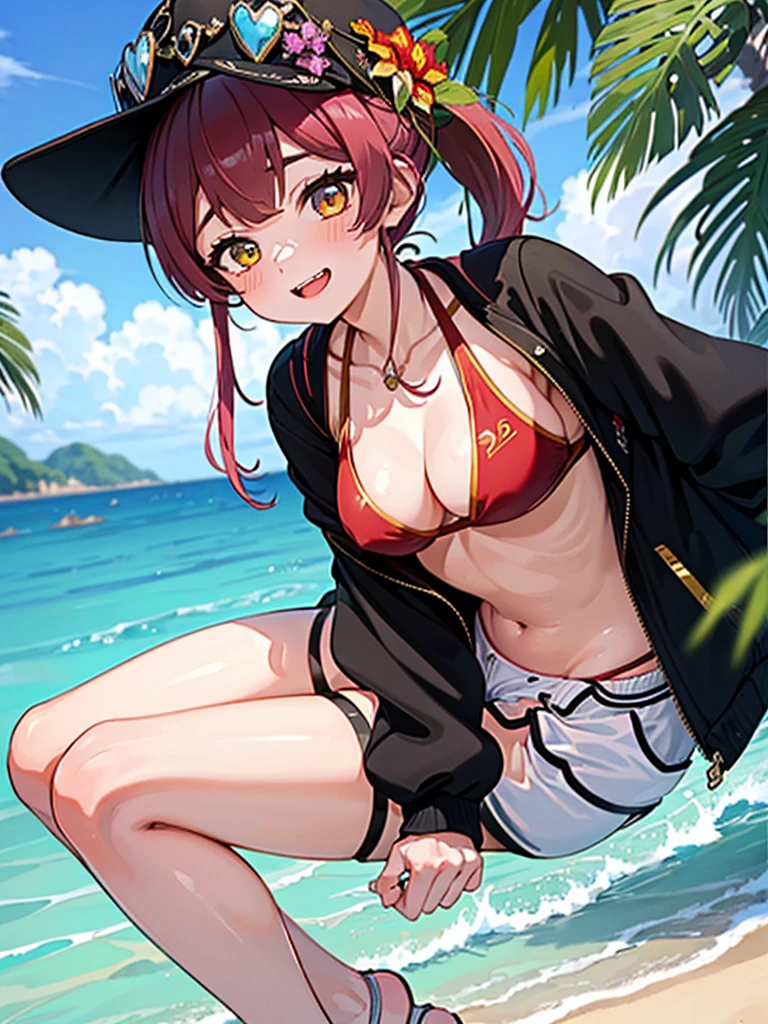 (masterpiece, High resolution、Highest quality, Very detailed),One Girl,((Ultra-fine illustrations)),((Cute eyes,Very detailed肌)),((Blessed,Blessed,Captivating body、Detailed Background))、(sun、vacations、tropical、White sand beach、You can see the sea in the distance)、(Shiny skin:1.2), (Face full of joy:1.3), (ビーチパラソルの下のラウンジャーに座りながらtropicalジュースを飲む:1.3), (houshouBikini, heterochromia, red eyes, yellow eyes, ponytail, long hair, jewelry, baseball cap, sunglasses, eyewear on headwear, black jacket, open jacket, white shorts, short shorts, red bikini, string bikini, o-ring thigh strap:1.2)