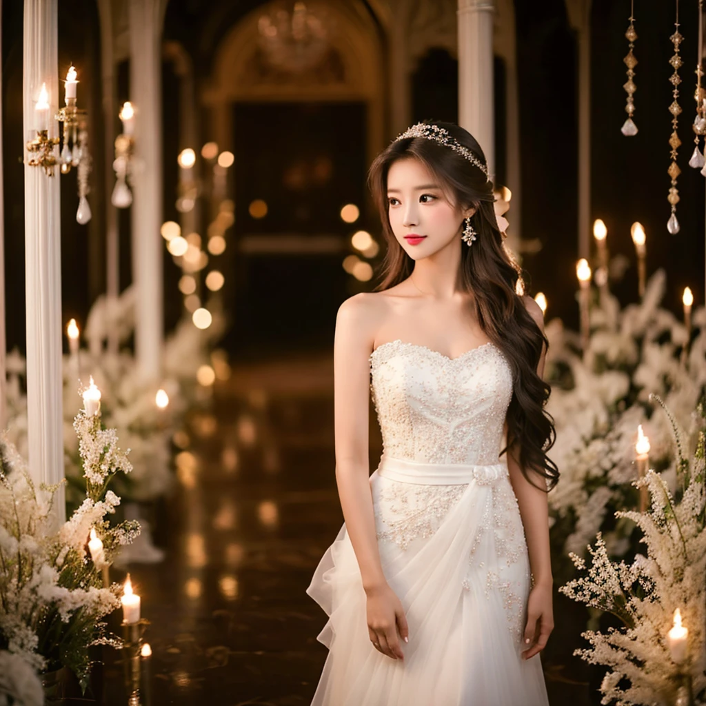 Generate an image of an extraordinarily beautiful 20-year-old Asian woman standing alone, whose beauty rivals that of a goddess of the fire element. She has large brown eyes, dark brown hair, glowing skin, and a captivating appearance. She is wearing a stunning white wedding dress that accentuates her elegance. The woman stands charmingly alone, her beauty appearing as if blessed by nature, in a very romantic and lovely aisle adorned with flowers and soft lighting, exuding a magical and serene atmosphere.