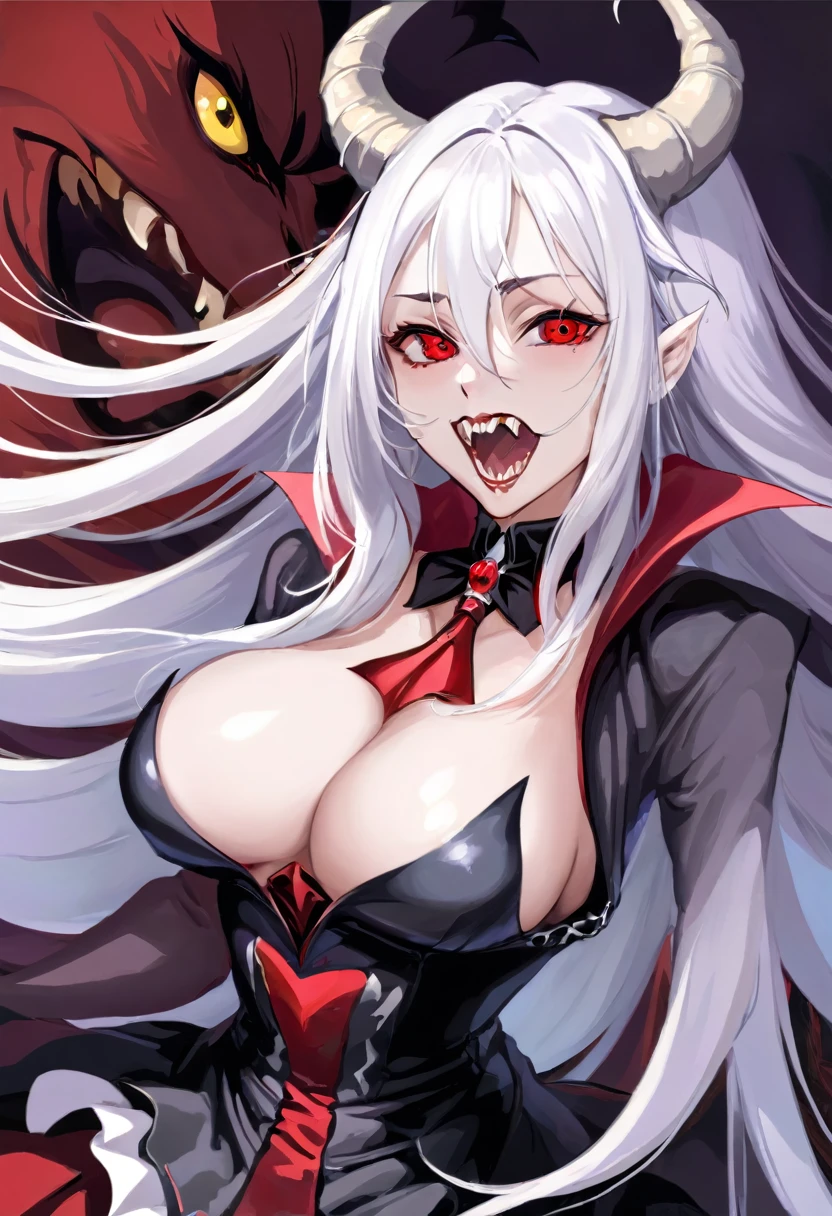 Female monster with long white hair, Eyes red, large size breasts, big mouth with sharp teeth, long tongue, oil painting, six horns ((perfect female figure)), long white hair, Eyes red, mature woman, milf, narrow waisted, gazing at viewer, seductively pose, vampire's teeth,pale skin. hair covering eyes