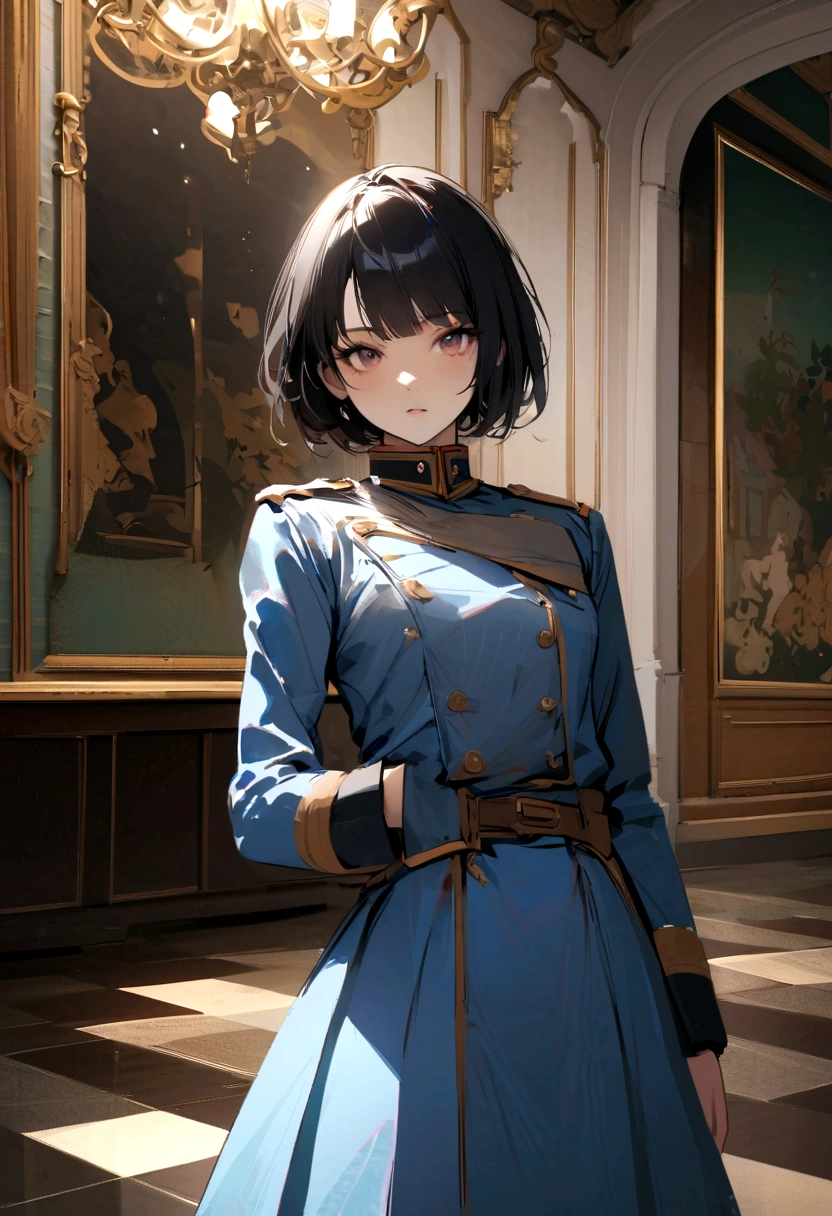 (highest resolution, distinct_image) superb, female, solo, masterpiece, high detail, semi-realistic, short black hair male, 18 years old, young, tall and strong, blue uniform, military uniform, military school, unruly, studying, holding a book