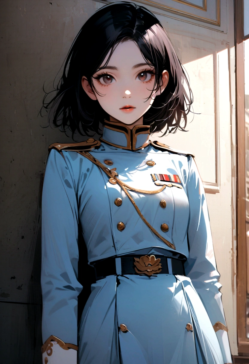 (higher resolution, distinct_imageio) best qualityer, single person, a one woman, standing alone, work of art, highy detailed, semi-realistic, black short hair, Bblack hair, bangss, 18 years old, mellow, light blue military dress uniform, military dress uniform, indoors background, nice, authoritarian, mighty, exquisite facial features, exquisite facial features