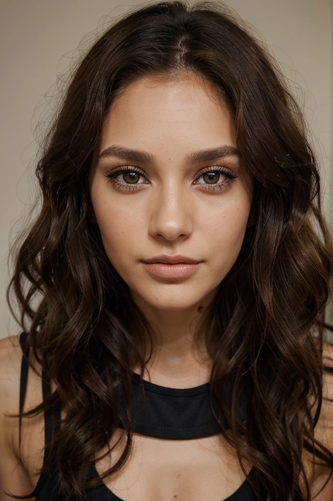 woman 29 years old, long brown little bit curly hair, brown eyes, perrfect face, prroffesional makeup like model, C and wearing black top, brown eyes
