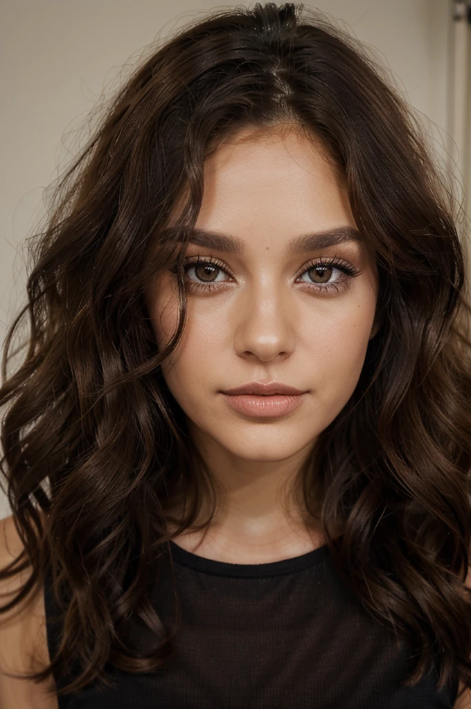 woman 29 years old, long brown little bit curly hair, brown eyes, perrfect face, prroffesional makeup like model, C and wearing black top, brown eyes