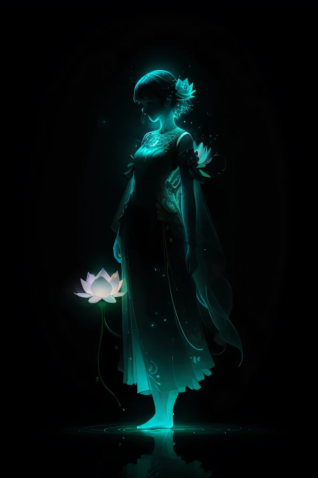 (Masterpiece, Best Quality:1.2) In the digital art style, a charming illustration comes to life, painting a peaceful picture of a tall, lone girl standing by a glowing lotus. The girl's body is bathed in a gentle glow, accentuated by glowing lines that trace her silhouette. The effect is reminiscent of fluorescence, creating a mesmerizing glow example. The tracking of these glowing lines is precise, adding a layer of intrigue to the peaceful scene. A burst of flash illuminates the area, revealing swarms of beetle-like 萤light particles that dance in the backlight. The lotus itself is translu