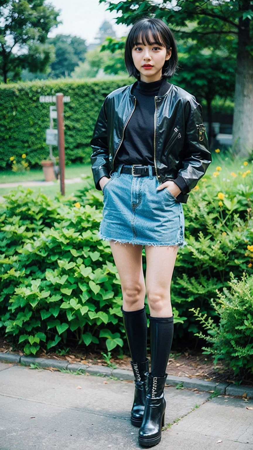 (8K、RAW Photos、Highest quality、masterpiece:1.2)、(Realistic、Realistic)、1 Girl、((Check mini skirt、Jacket、black、Thin legs、whole body、boots、one piece、tights、garden、View from the front、Looking into the camera、belt、Stand with hands on hips))、cute