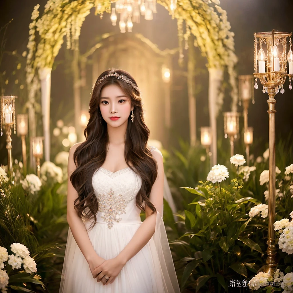 Generate an image of an extraordinarily beautiful 20-year-old Asian woman standing alone, whose beauty rivals that of a goddess of the fire element. She has large brown eyes, dark brown hair, glowing skin, and a captivating appearance. She is wearing a stunning white wedding dress that accentuates her elegance. The woman stands charmingly alone, her beauty appearing as if blessed by nature, in a very romantic and lovely aisle adorned with flowers and soft lighting, exuding a magical and serene atmosphere.