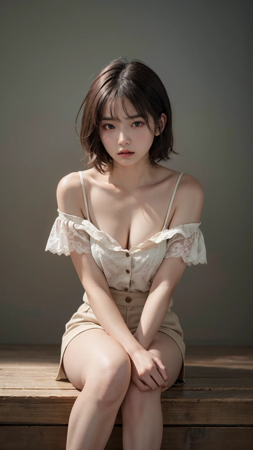 Highest quality, masterpiece, Ultra-high resolution, (Realistic:1.5), RAW Photos, One girl, Off the shoulder, In the Dark, Deep Shadow, Modest, Cold Light, Sexy Looks, short hair, Front teeth, Troubled face,、Bare legs、Bare thighs、Bent knees