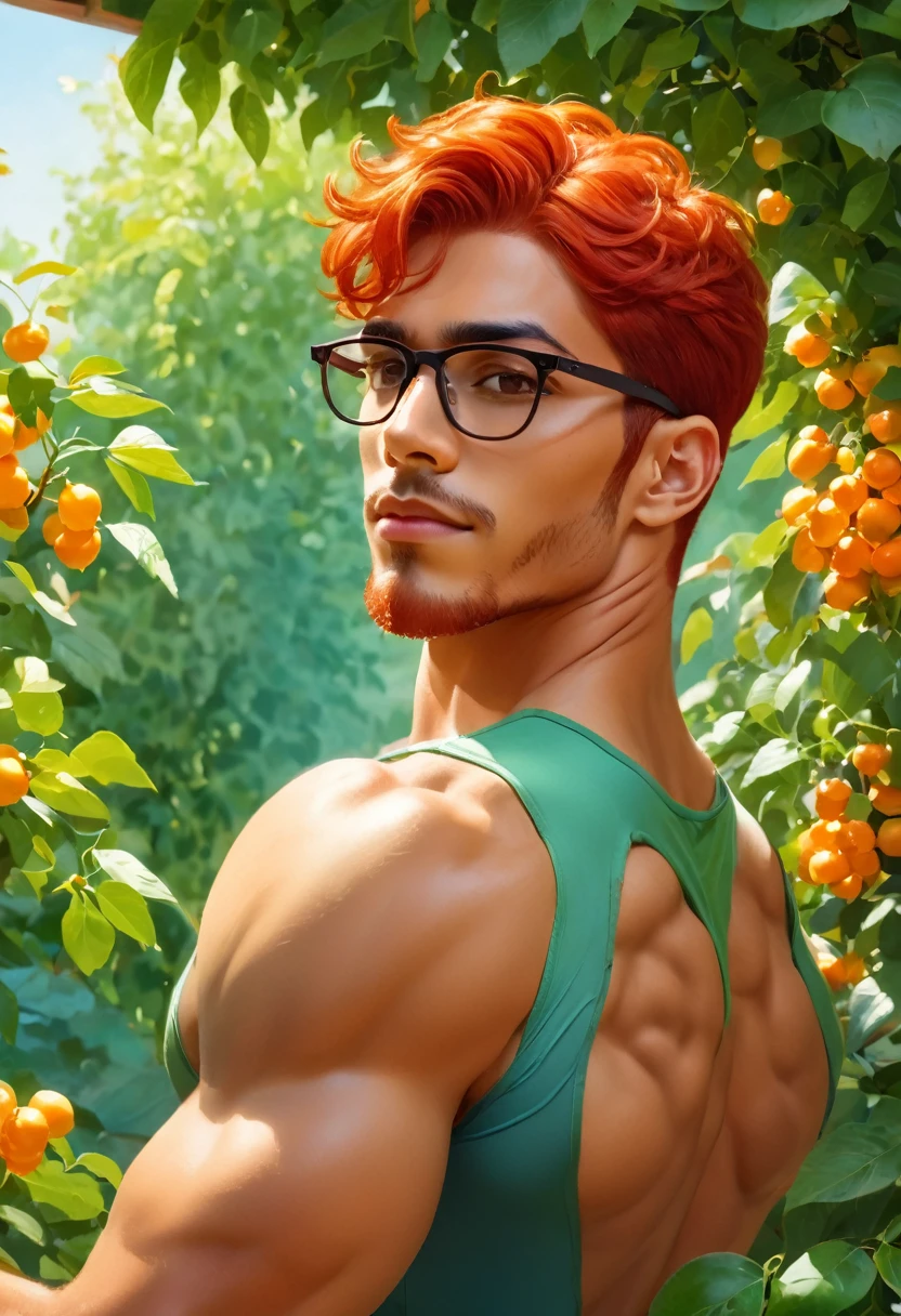 Intense warm color palette, a latin man symmetrical fitness body, wears glasses, guspo looks out the window towards the garden of multicolored jasmines, in the garden is a young man with red hair, white skin realism, toned athletic body, beautiful male face, young redhead looks at the latin man while playing a high-chroma green chello