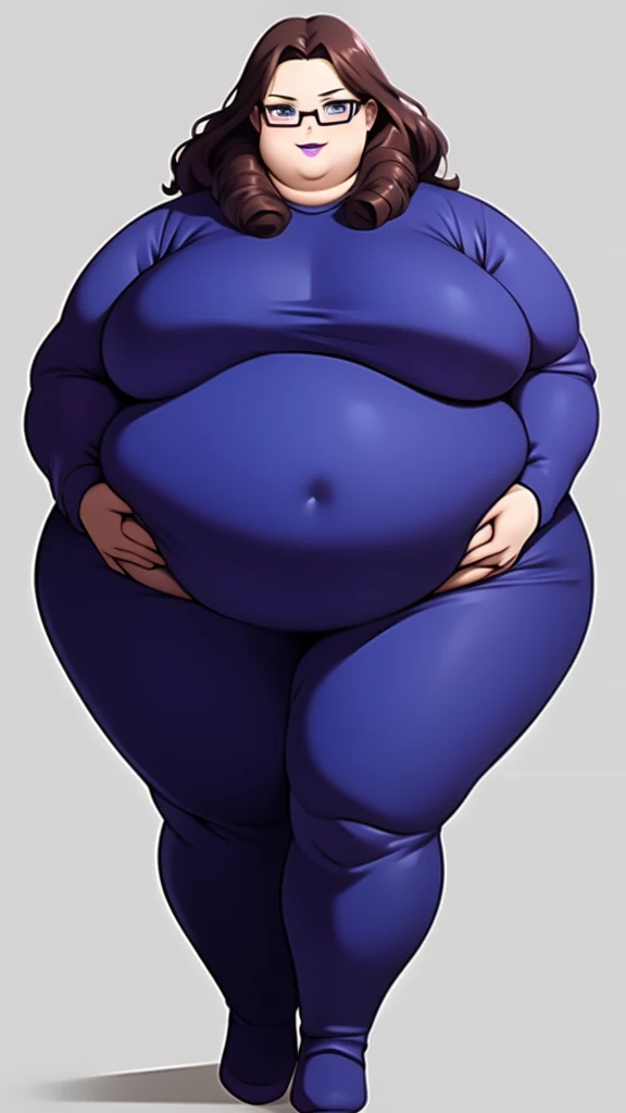 Anime Women, Adult female、Detailed face、amount、amount、Forehead、Afro、Curly hair、Glasses、Sharp eyes、Thick lips、Purple Lipstick、Painted lips、Very fat、Chubby、obesity、obesity体、Double chin、cheek、Thick neck、Big Breasts、Saggy breasts、Thick upper arms、Thick arms、thick fingers、Fat belly、Flabby belly、Flabby bellyの脂肪、Thick legs、Big Ass、Brown bodysuit、Stand with your feet apart