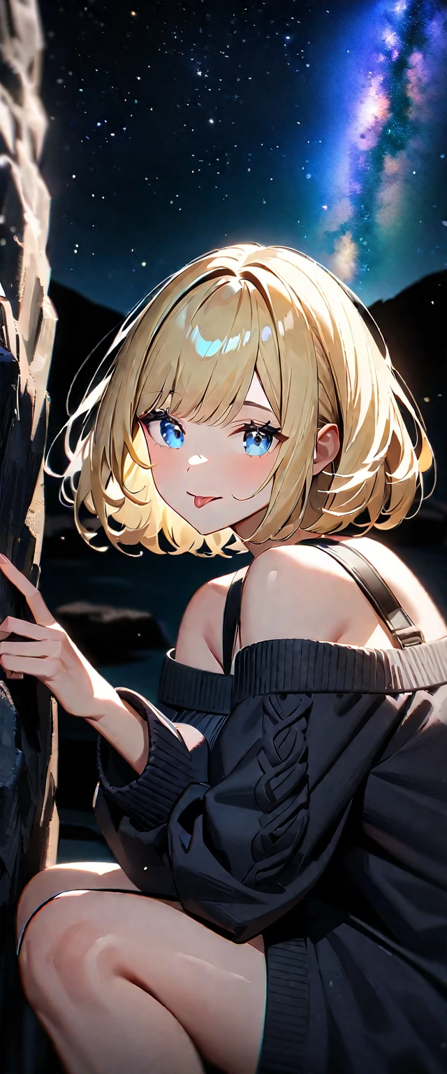 ((stick out tongue)), (((focus on face))), ((((from side)))), ((Leaning to side)), (((a beautiful starry sky, the Milky Way shining beautifully in the night))), ((off-shoulder sweater:1.3, Quite thick shoulder straps)), ((black sweater)), ((Aran sweater)), ((sitting on the very high cliff)), wavy hair, inward curled hair, sea, ((blond hair, bob cut:1.3)), breasts, teenager, (looking at viewer), oversized clothes, puffy long sleeves, collarbone, head tilt:1.3, (((blue eyes))), happy smile, (((anime style))), (best quality, 4K, 8K, highres, masterpiece:1.2, ultra-detailed, ultra-detailed eyes, HDR, uhd, studio lighting, ultra-fine painting, sharp focus, physically-based rendering, extreme detail description, professional, vivid colors, bokeh)