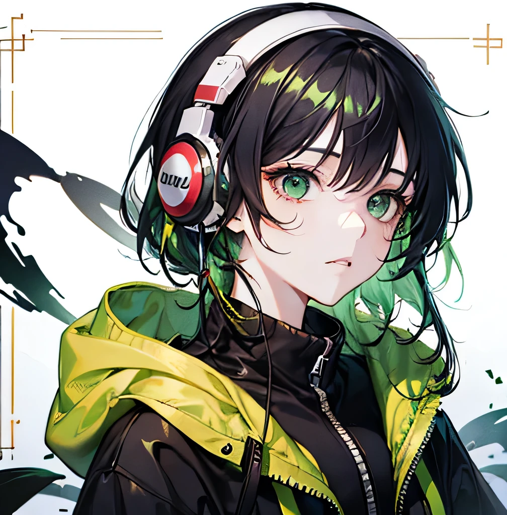 a girl with black hair and green eyes. Cute, messy hair. staring blankly. Dragon horn headphone on head, wearing a black hoodie. (Close-up:1.1)