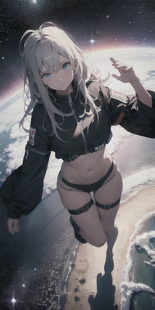 absurd res, high res, (masterpiece:1.4), ultra-detailed, 1girl, from above, space, floating