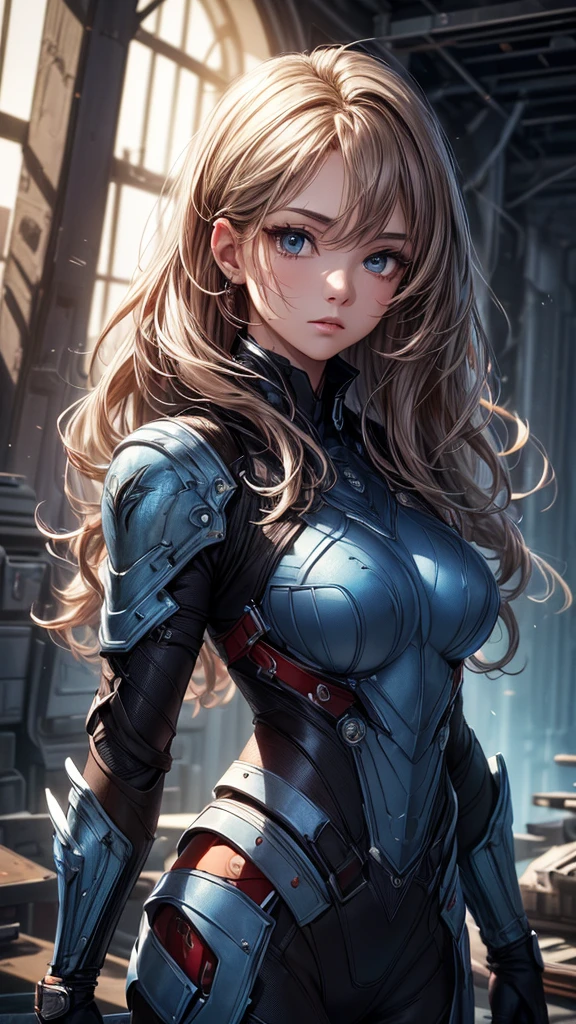 ((最high quality, 16K, masterpiece: 1.3)), (Very delicate and beautiful face), (Beautiful eyes in every detail),Big black eyes, aura, long wavy hair of light brown color,, Black and blue sci-fi armor, SF wind, high quality, atmosphere, war