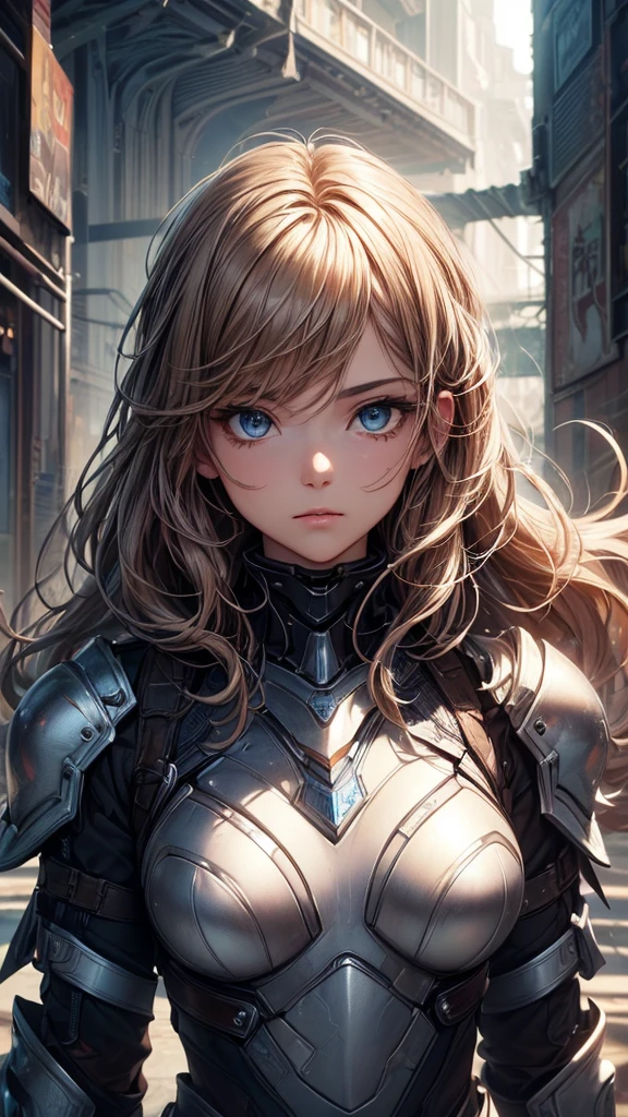 ((最high quality, 16K, masterpiece: 1.3)), (Very delicate and beautiful face), (Beautiful eyes in every detail),Big black eyes, aura, long wavy hair of light brown color,, Black and blue sci-fi armor, SF wind, high quality, atmosphere, war