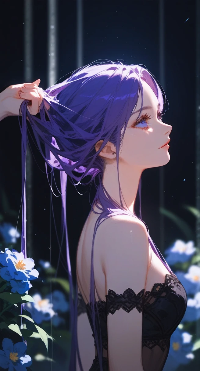 1girl, beautiful face, purple hair, long hair, lilac flower, blurry, hands pulling hair, dark background