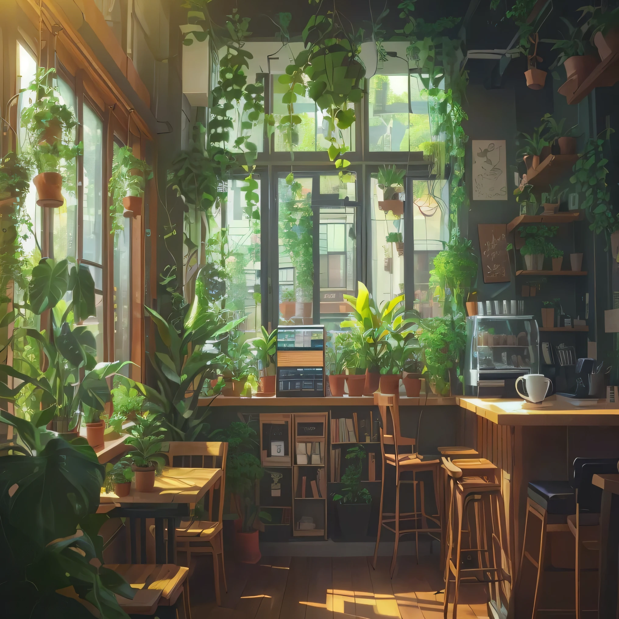 There is a room with many plants and a laptop, cozy Coffee Shop background, cafes, Anime background art, Relaxation concept art, commend artstyle, Lo-Fi illustration style, commend art, Coffee Shop interior, Relaxed atmosphere, Comfortable and pleasant atmosphere, lush foliage cyberpunk, Coffee Shop, commend feel, commend, relaxing environment, The room is full of plants
