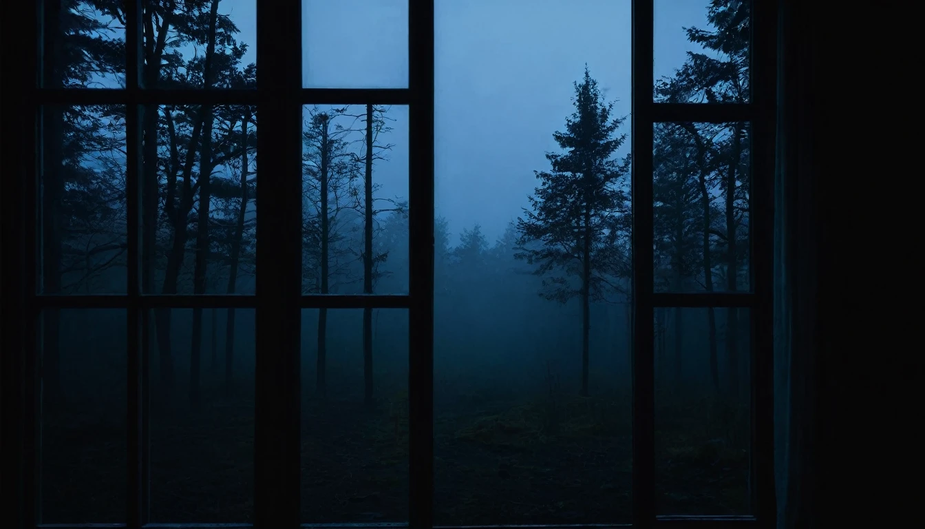 side view of a full open vertical window in a dark room at night and outside in a very dark and misty blurry forest