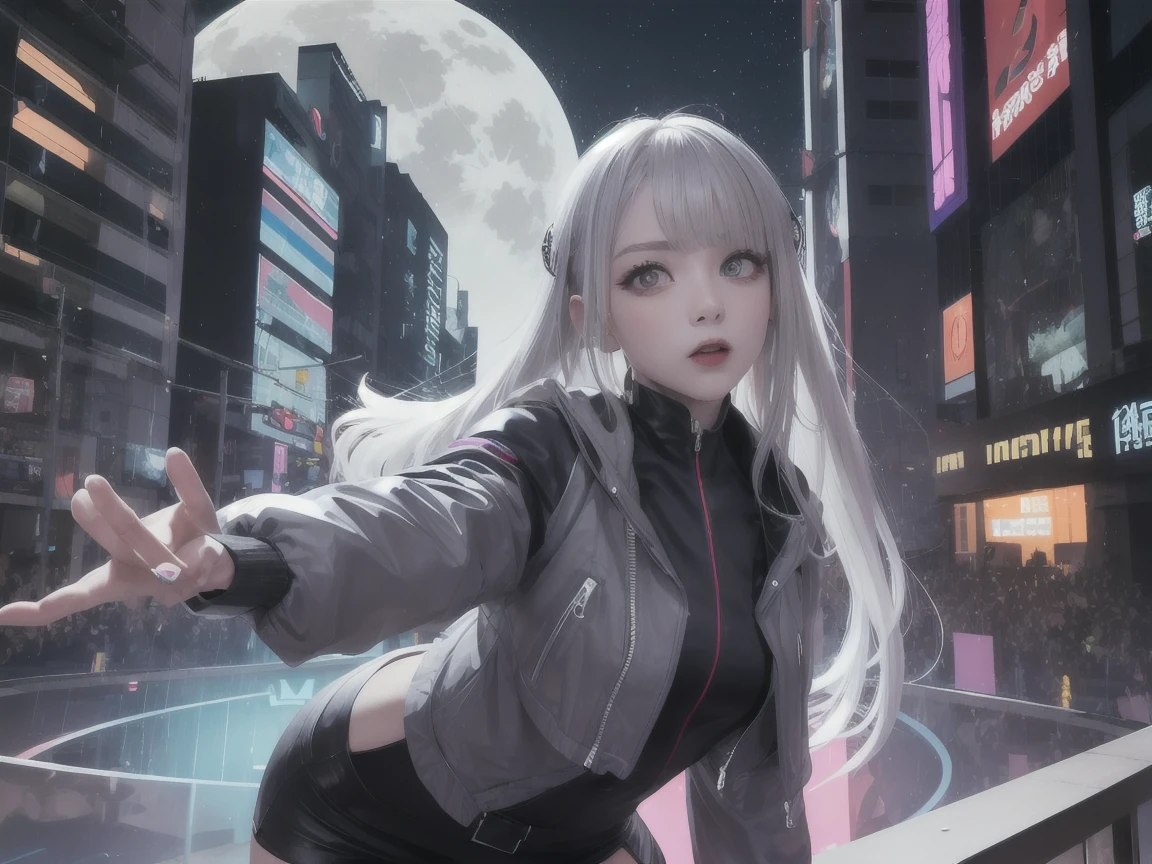 Lucy \(Cyberpunk\), 1 Girl, Hair ring, Ji Qie, Silver Hair, Color Tips, Full Moon, Gray eyes, jacket, Long sleeve, Looking at the audience, Medium Length Hair, Colorful hair, #5: Parted Bangs, Open your mouth, Pink Hair, portrait, Red Eyeliner, Red lips, Solitary, white jacket, Cyberpunk \(series\), rainy night in a Cyberpunk city with glowing neon lights