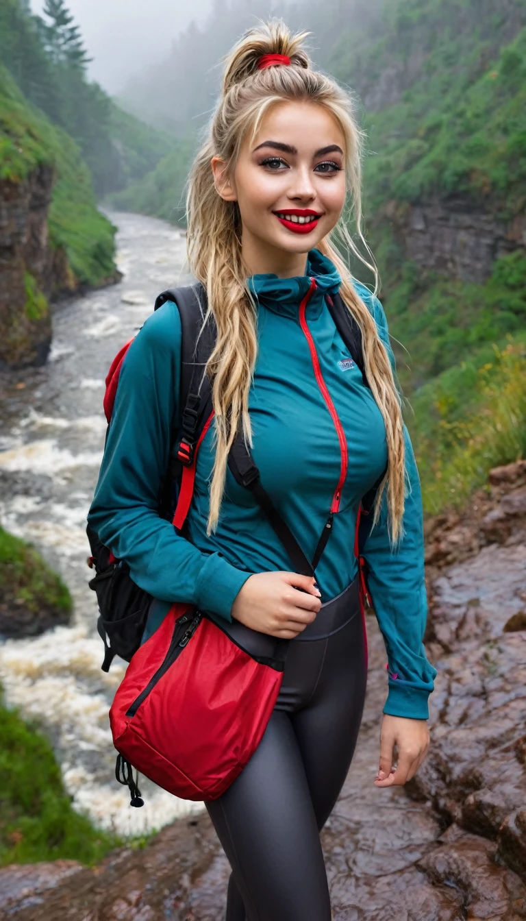 ultrarealistic high quality fullbody photo of a beautiful busty slim european 19-year-old mwoman with cute hyperdetailed shy face and dyed platin blonde long messy ponytail hair and happy face, realistic round hazel eyes, red lips, dark eye makeup with eyeliner, wearing soaking wet outdoor leggins hiking outfit with backpack, hourglass body, outdoor shooting on a lost place with heavy rain