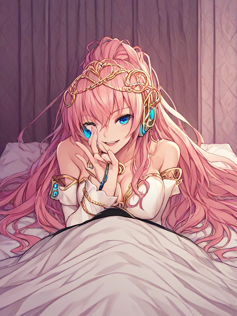 Official Art:1.5,１Man Beautiful Adult Woman,Vocaloid Megurine Luka:2.0,Pink long hair,blue eyes,Big Breasts,lure:2.0,bed, 