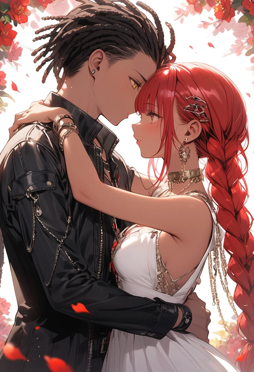  love between couples. 1girl, tan skin, short red hair, freckles, ((yellow eyes)) charming. ((Stylish edgy outfit)), 1boy, {dark-skinned and haired: 1,5}, ((Dreadlocks curtos)), has expressive red eyes. ((Stylish, edgy outfit)), Set in a garden, the scene depicts passionate kisses between them. Convey the intensity of eternal love between these lovers, highlighting their unique characteristics and the romantic connection they share. 