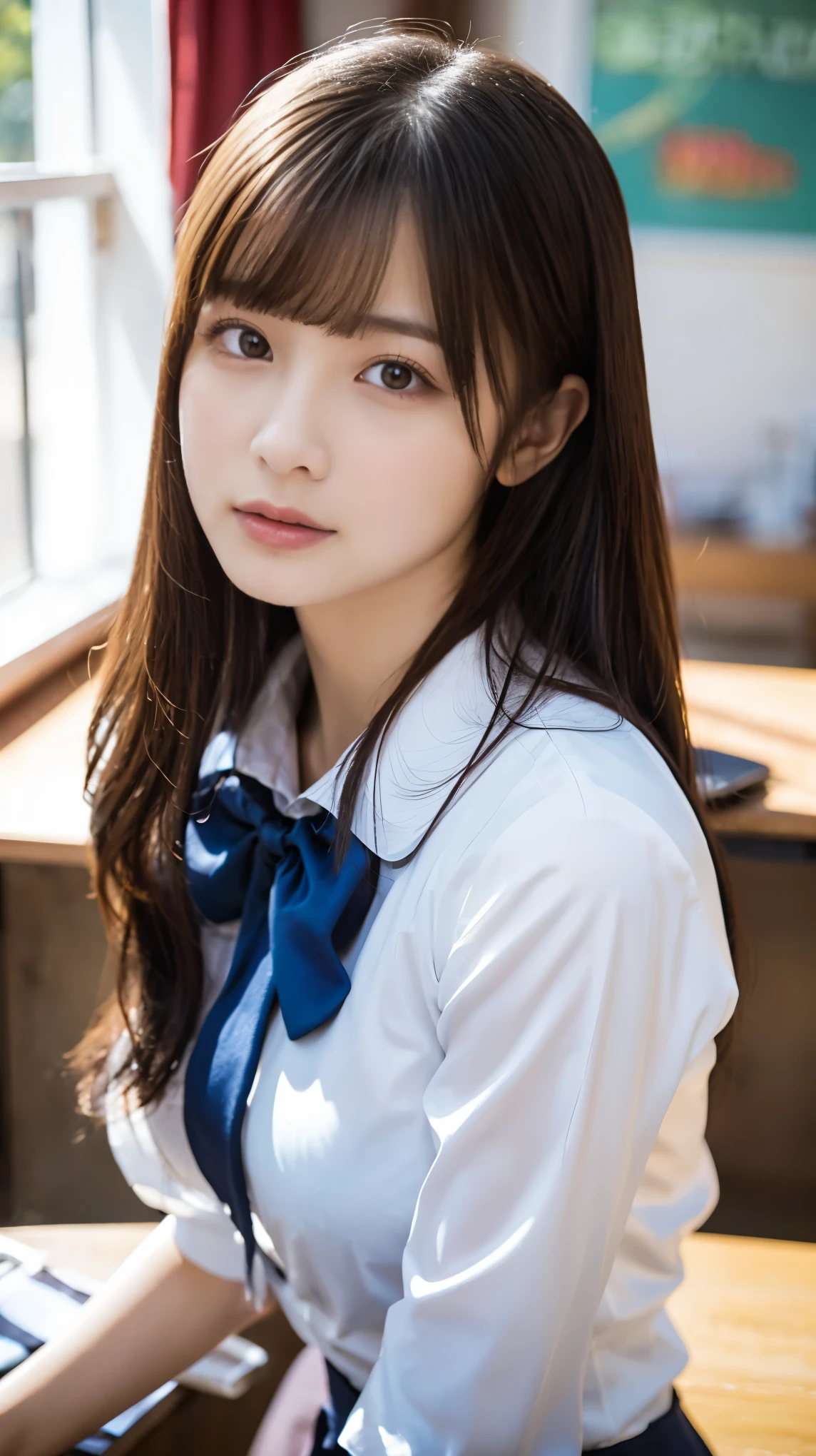 Magic Mix Real、((Extraordinarily beautiful girl、1 person、Japanese 、uniform))、Highlights of cheek luster、Cute and beautiful facial details、(Pure Eros Face_v1:0.008)、Beautiful Bangs、Shiny skin、Shiny beautiful bright hair、Silky Hair、Thin Hair、High resolutionの目、Perfect body, Bright and clear, Eyes sparkle attractively、eyeliner、double eyelid、Exposed breasts、Cleavage、Beautiful nippleasturbating with knees open:2.0)、Touching the groin、Rub your chest 、(Unbuttoned white blouse、Red bow tie:1.5)、Disheveled clothes、dressing、Drenched in sweat、18-year-old, A clean-cut woman , On a desk in the classroom、Black brown hair、Blue-gray eyes、Exclamation mark、BREAK ceremony,((Random sexy poses、put in、Deep joy, Ecstatic eyes:1.2)), ((I gasp hard:1.2))、Ecstatic face、Climax expression, My whole body is convulsing、Official Art,非常に詳細な CG Unity 8K 壁紙, (masterpiece:1.0),(Highest quality:1.0), photo shoot, 8K, Browsing Caution, High resolution, Kodak Portrait 400, Film Grain, Lens flare brilliance,Very low camera angle, View your viewers