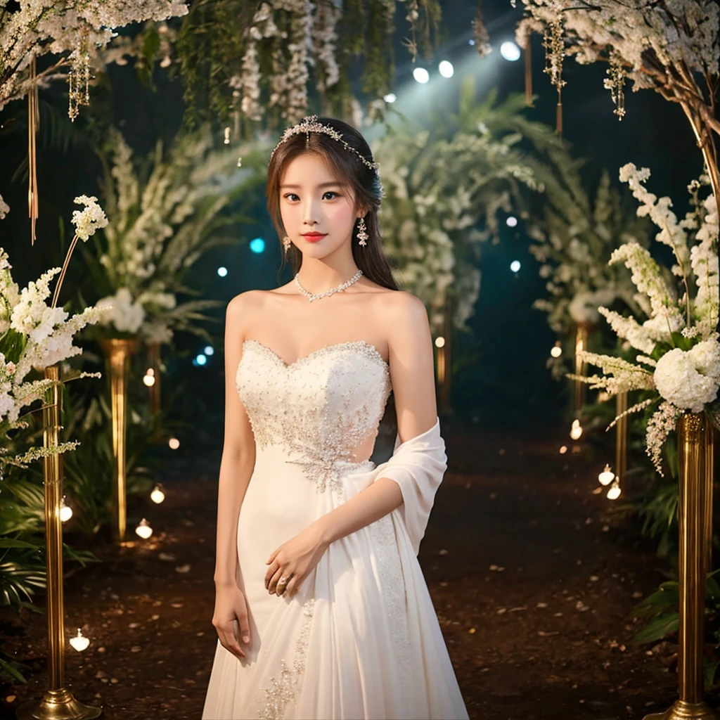 Generate an image of an extraordinarily beautiful 20-year-old Asian woman standing alone, whose beauty rivals that of a goddess of the fire element. She has large brown eyes, dark brown hair, glowing skin, and a captivating appearance. She is wearing a stunning white wedding dress that accentuates her elegance. The woman stands charmingly alone, her beauty appearing as if blessed by nature, in a very romantic and lovely aisle adorned with flowers and soft lighting, exuding a magical and serene atmosphere.