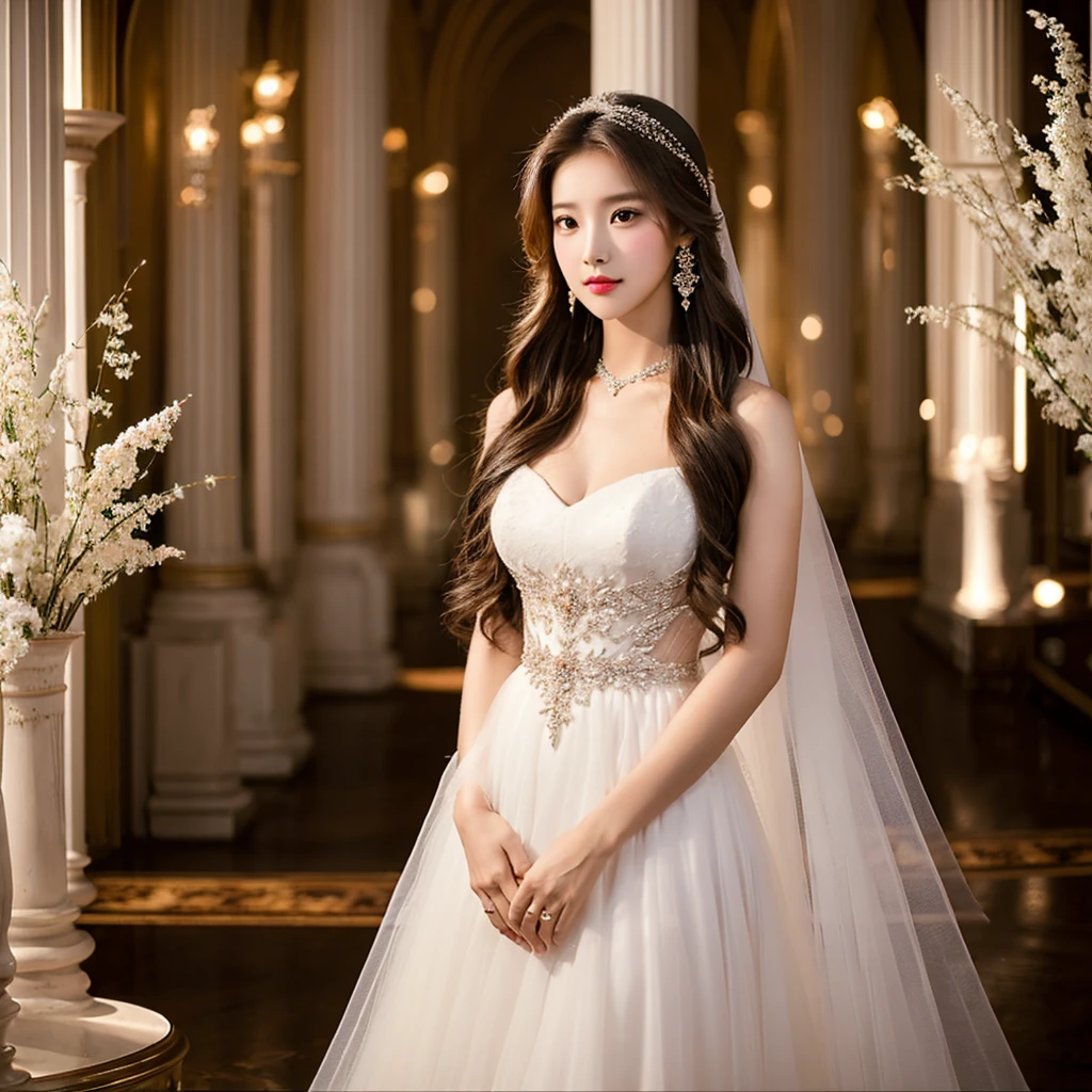 Generate an image of an extraordinarily beautiful 20-year-old Asian woman standing alone, whose beauty rivals that of a goddess of the fire element. She has large brown eyes, dark brown hair, glowing skin, and a captivating appearance. She is wearing a stunning white wedding dress that accentuates her elegance. The woman stands charmingly alone, her beauty appearing as if blessed by nature, in a very romantic and lovely aisle adorned with flowers and soft lighting, exuding a magical and serene atmosphere.