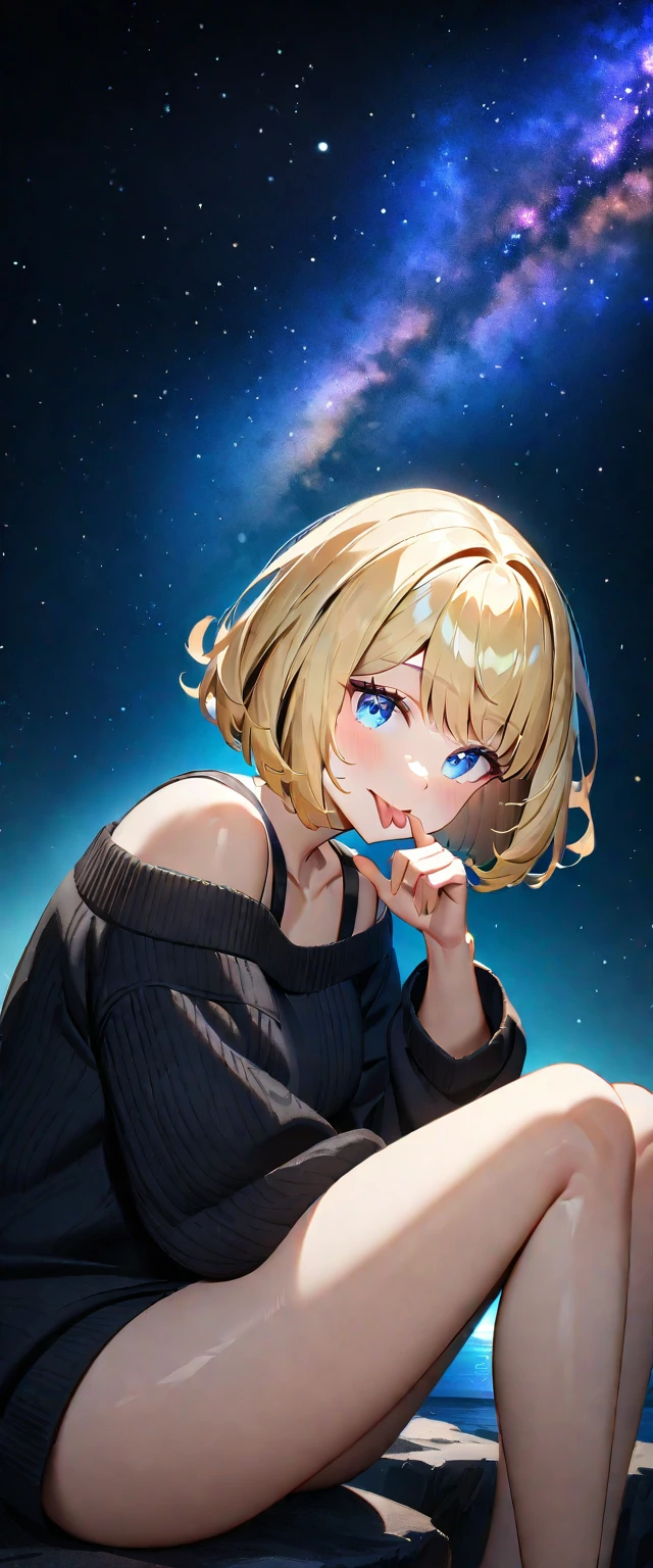 ((stick out tongue)), ((off-shoulder sweater:1.3, Quite thick shoulder straps)), ((black sweater)), ((Aran sweater)), (((bare legs))), ((((from side)))), ((Leaning to side)), (((a beautiful starry sky, the Milky Way shining beautifully in the night))), ((sitting on the very high cliff)), wavy hair, inward curled hair, sea, ((blond hair, bob cut:1.3)), breasts, ager, (looking at viewer), oversized clothes, puffy long sleeves, collarbone, head tilt:1.3, (((blue eyes))), happy smile, (((anime style))), (best quality, 4K, 8K, highres, masterpiece:1.2, ultra-detailed, ultra-detailed eyes, HDR, uhd, studio lighting, ultra-fine painting, sharp focus, physically-based rendering, extreme detail description, professional, vivid colors, bokeh)
