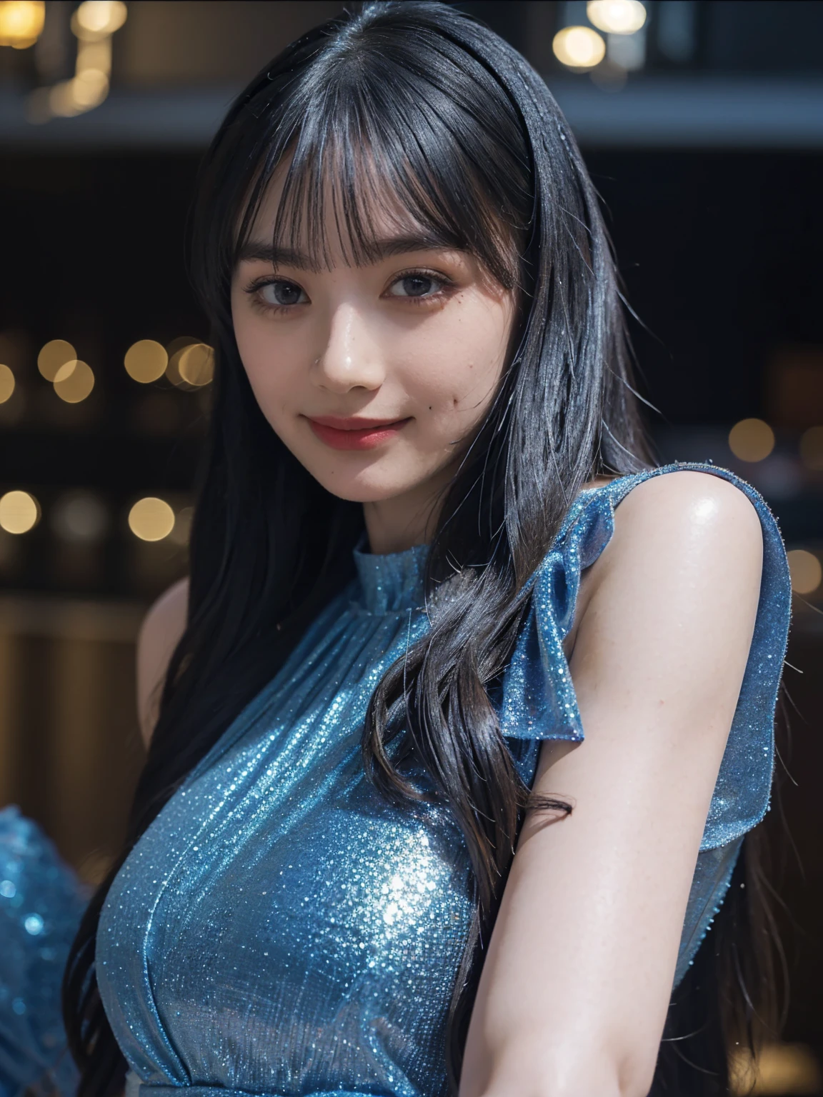 1girl,(wearing a blue glittery evening dress:1.2),(RAW photo, best quality), (realistic, photo-realistic:1.4), masterpiece, an extremely delicate and beautiful, extremely detailed, 2k wallpaper, Amazing, finely detail, extremely detailed CG unity 8k wallpaper, ultra-detailed, highres, soft light, beautiful detailed girl, extremely detailed eyes and face, beautiful detailed nose, beautiful detailed eyes,cinematic lighting,city lights at night,perfect anatomy,slender body,light smile,close up,(long hair with bangs)