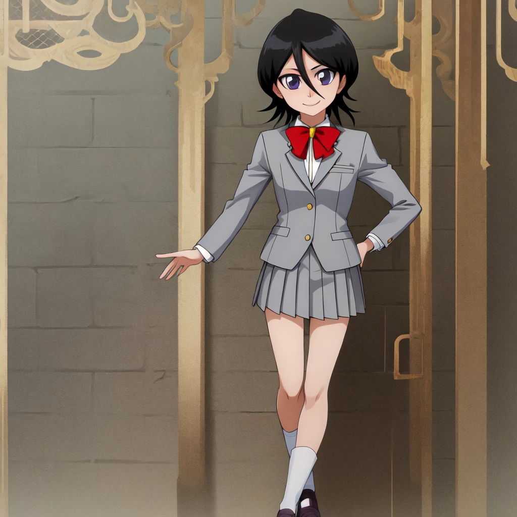 ((Highest quality)), ((Very detailed)), Very detailed顔, Beautiful Face, , (One Girl), Cowboy Shot, Rukia, Black Hair, short hair, Hair between the eyes, Purple eyes, Small breasts, smile, Grey blazer, White collared shirt, Red bow tie, Grey pleated skirt, shoes下, shoes, whole body